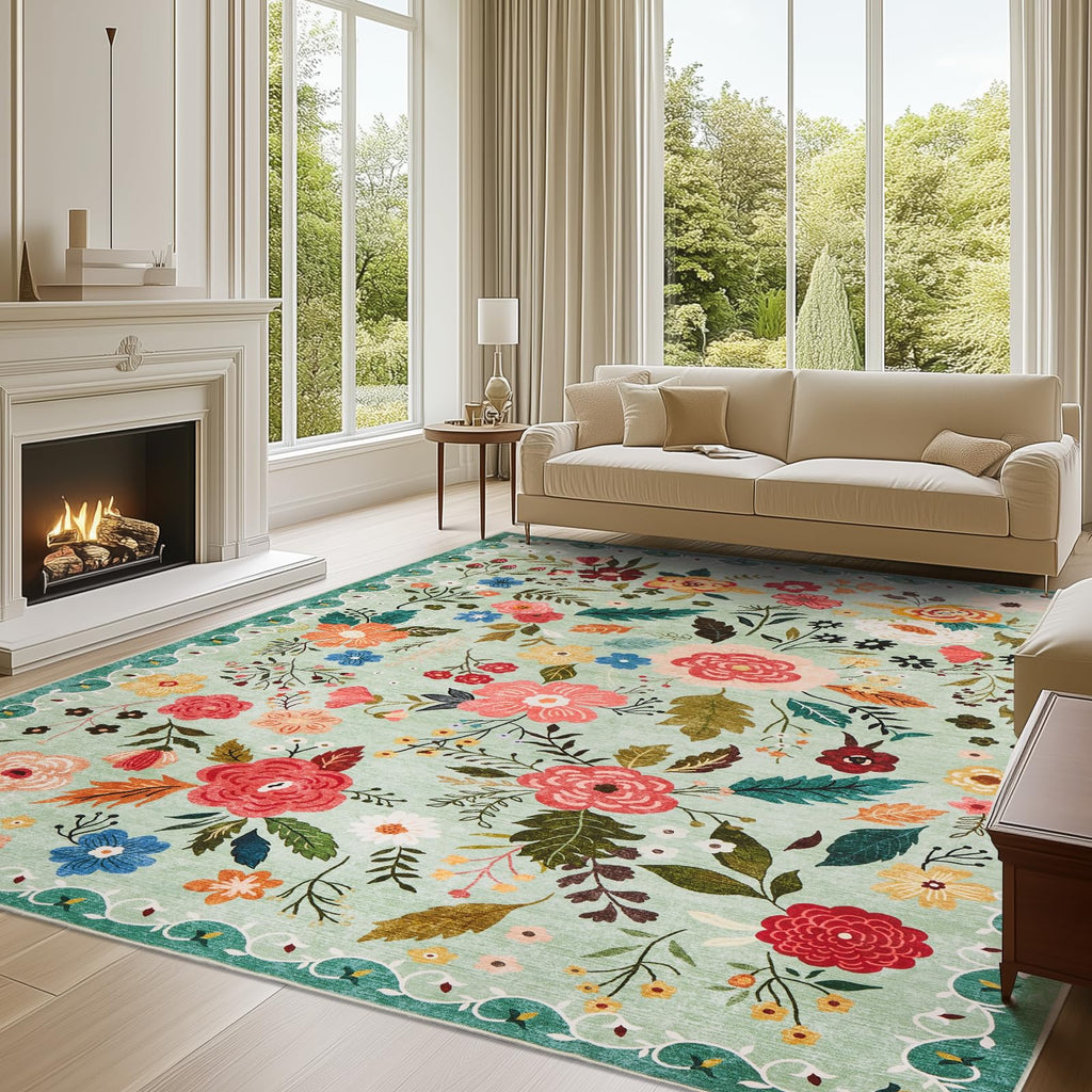 Boho Floral Area Rug 6x9 – Washable, Non-Slip & Soft Low Pile